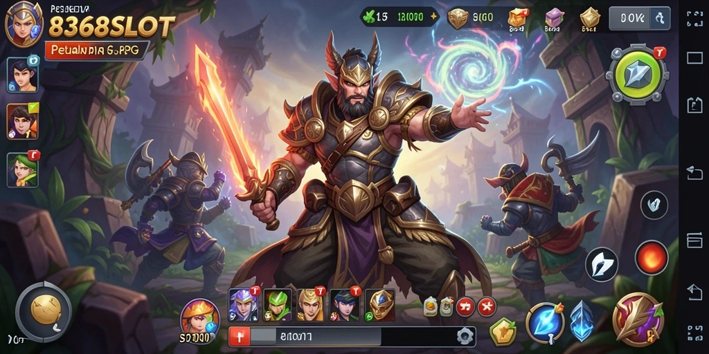 Tampak luar permainan 8368SLOT yang menonjolkan pertarungan RPG melawan monster.