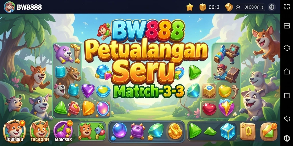 Screenshot utama BW888 menampilkan gameplay seru Match-3 yang penuh warna.