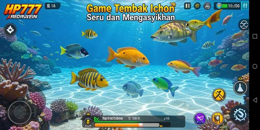 Tampilan gameplay HP777 yang seru dengan berbagai ikan berwarna-warni.