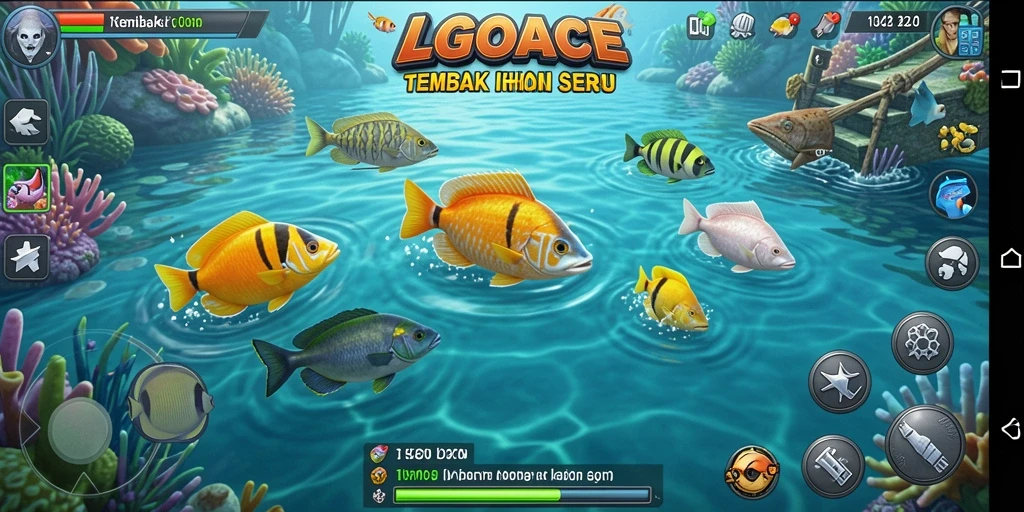 Screenshot gameplay LGOACE yang menunjukkan aksi menembak ikan.